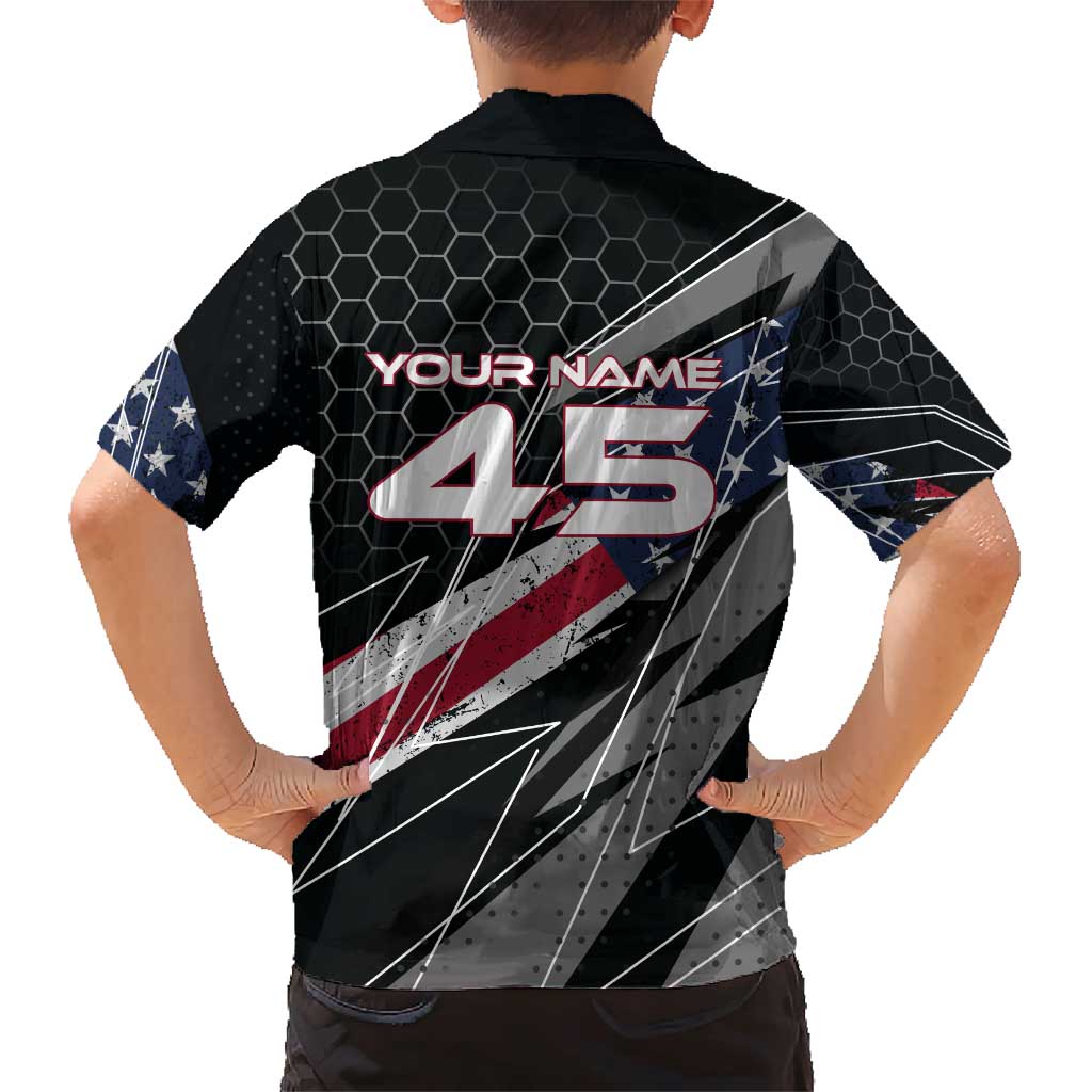 Custom American Flag Racing Family Matching Short Sleeve Bodycon Dress and Hawaiian Shirt Dirt Bike Motocross Racewear Hexagon and Lightning - Wonder Print Shop