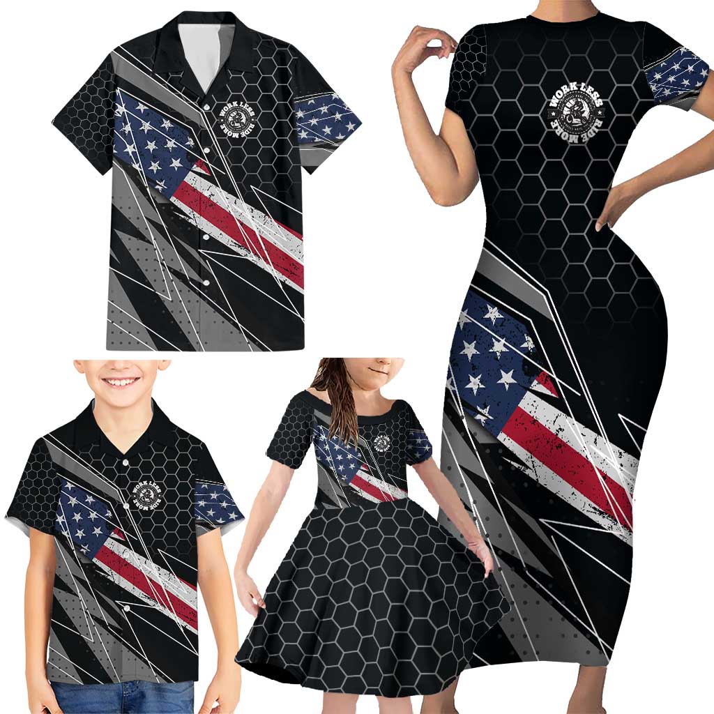 Custom American Flag Racing Family Matching Short Sleeve Bodycon Dress and Hawaiian Shirt Dirt Bike Motocross Racewear Hexagon and Lightning - Wonder Print Shop