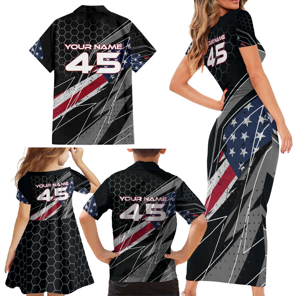 Custom American Flag Racing Family Matching Short Sleeve Bodycon Dress and Hawaiian Shirt Dirt Bike Motocross Racewear Hexagon and Lightning - Wonder Print Shop