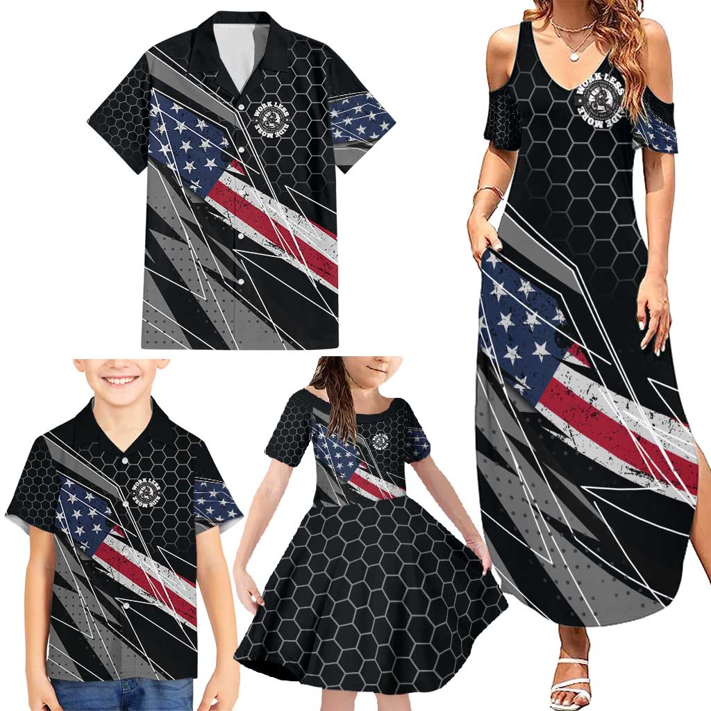 Custom American Flag Racing Family Matching Summer Maxi Dress and Hawaiian Shirt Dirt Bike Motocross Racewear Hexagon and Lightning - Wonder Print Shop