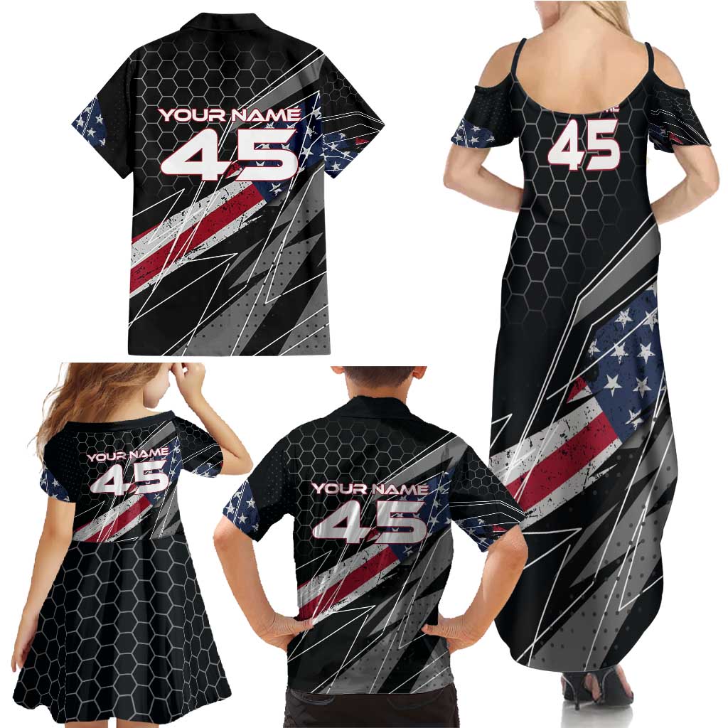 Custom American Flag Racing Family Matching Summer Maxi Dress and Hawaiian Shirt Dirt Bike Motocross Racewear Hexagon and Lightning - Wonder Print Shop
