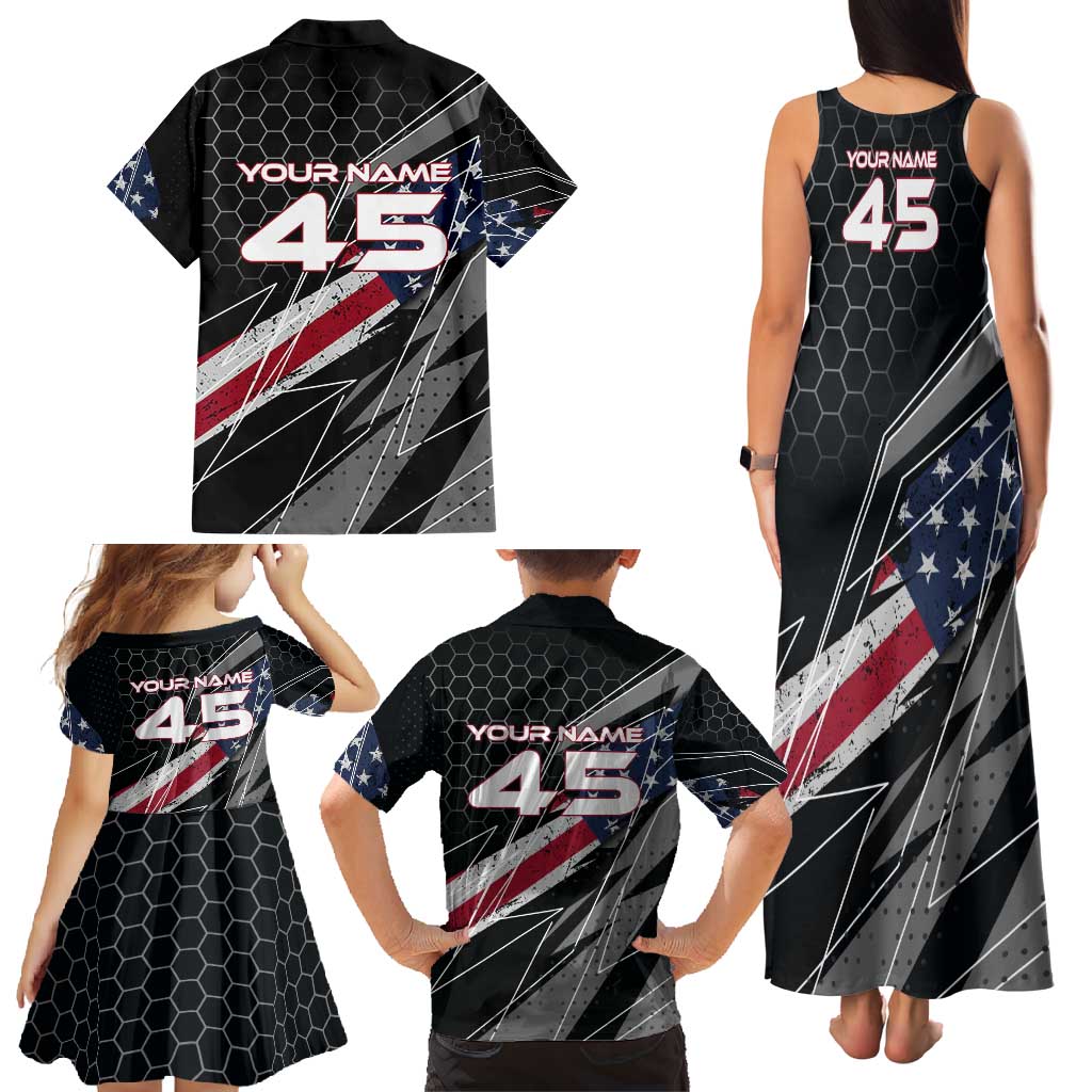 Custom American Flag Racing Family Matching Tank Maxi Dress and Hawaiian Shirt Dirt Bike Motocross Racewear Hexagon and Lightning - Wonder Print Shop