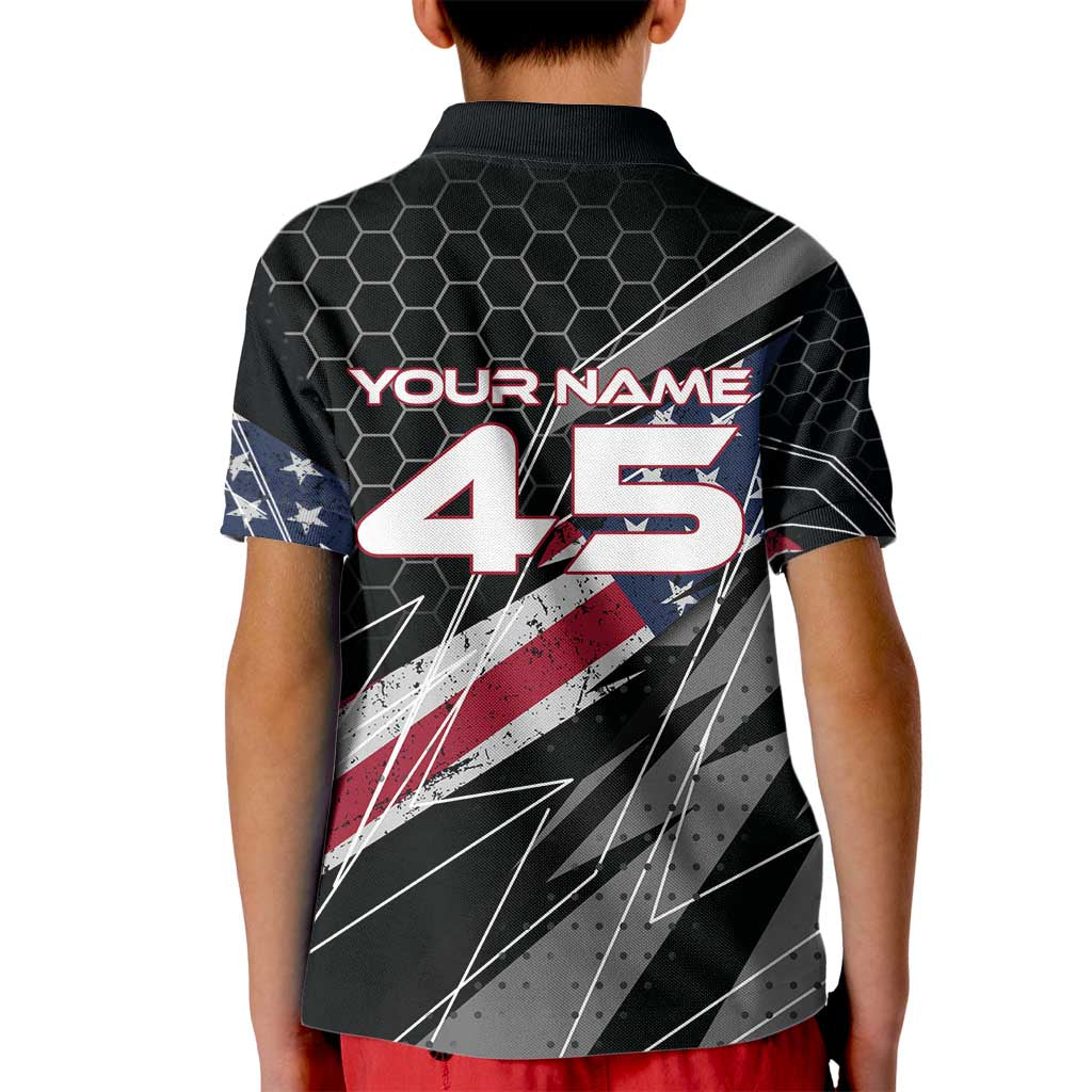 Custom American Flag Racing Kid Polo Shirt Dirt Bike Motocross Racewear Hexagon and Lightning - Wonder Print Shop