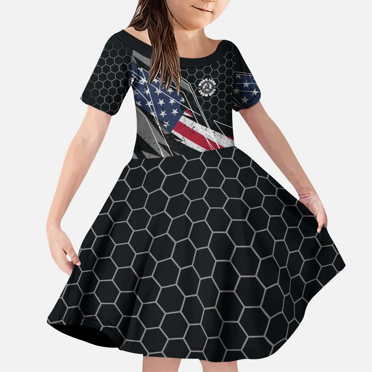 Custom American Flag Racing Kid Short Sleeve Dress Dirt Bike Motocross Racewear Hexagon and Lightning - Wonder Print Shop