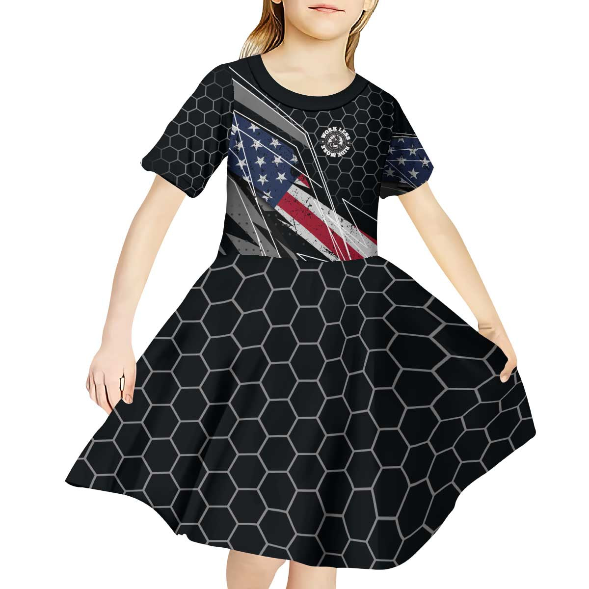 Custom American Flag Racing Kid Short Sleeve Dress Dirt Bike Motocross Racewear Hexagon and Lightning - Wonder Print Shop