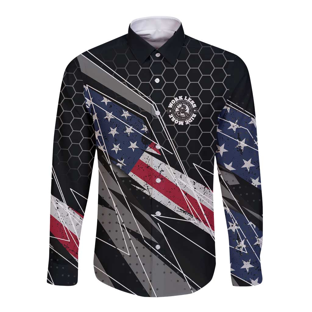 Custom American Flag Racing Long Sleeve Button Shirt Dirt Bike Motocross Racewear Hexagon and Lightning - Wonder Print Shop