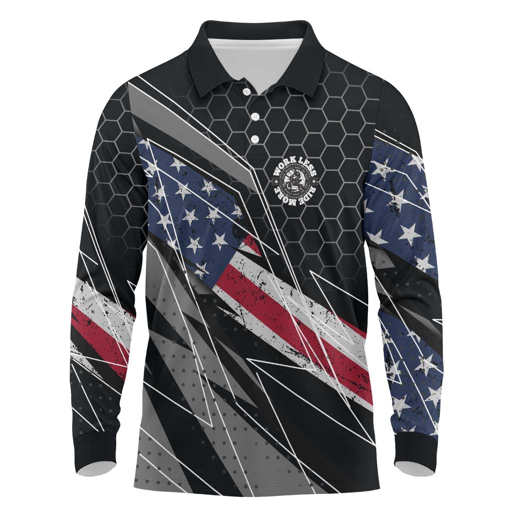 Custom American Flag Racing Long Sleeve Polo Shirt Dirt Bike Motocross Racewear Hexagon and Lightning - Wonder Print Shop
