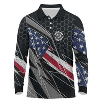 Custom American Flag Racing Long Sleeve Polo Shirt Dirt Bike Motocross Racewear Hexagon and Lightning - Wonder Print Shop