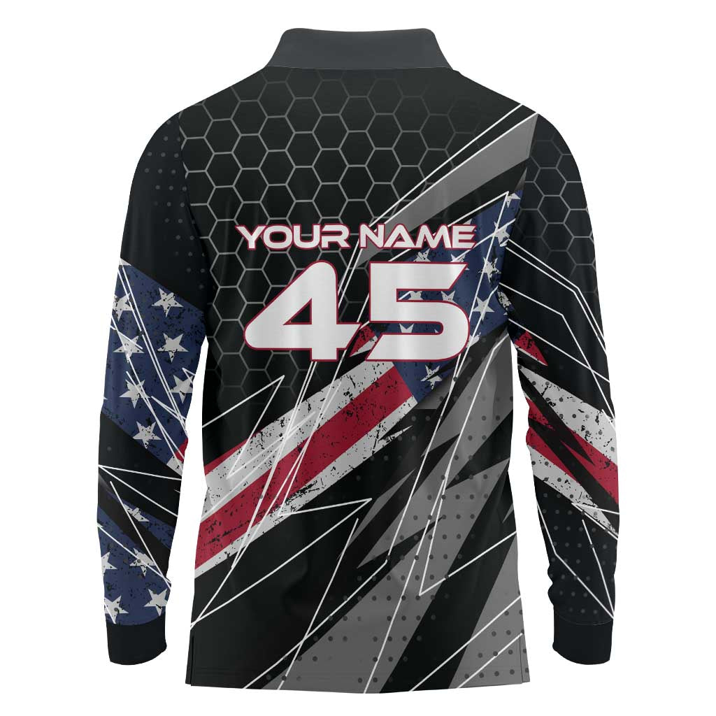 Custom American Flag Racing Long Sleeve Polo Shirt Dirt Bike Motocross Racewear Hexagon and Lightning - Wonder Print Shop