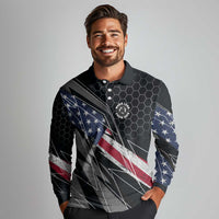 Custom American Flag Racing Long Sleeve Polo Shirt Dirt Bike Motocross Racewear Hexagon and Lightning - Wonder Print Shop