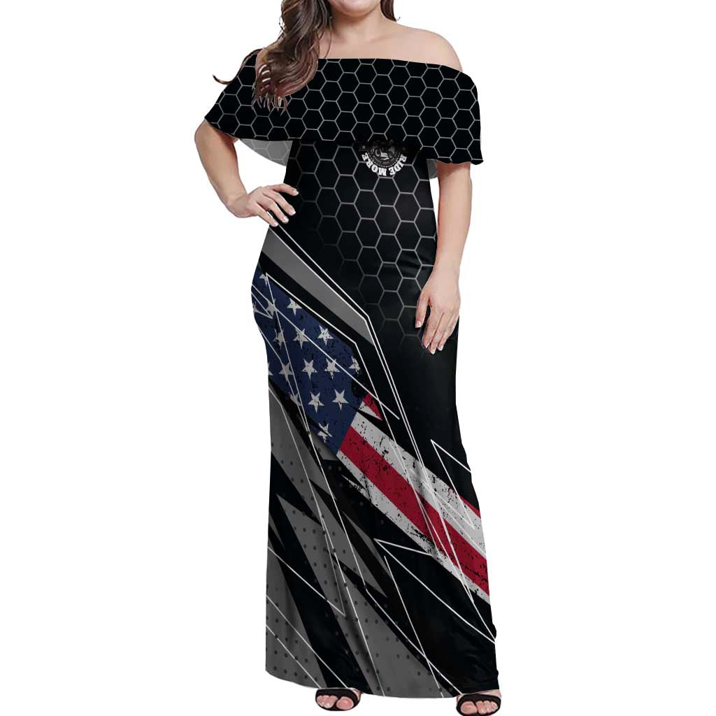 Custom American Flag Racing Off Shoulder Maxi Dress Dirt Bike Motocross Racewear Hexagon and Lightning - Wonder Print Shop