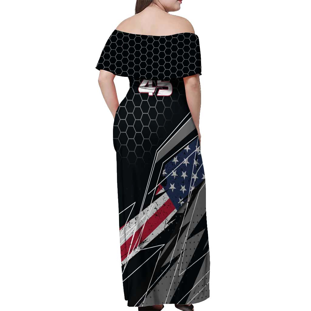 Custom American Flag Racing Off Shoulder Maxi Dress Dirt Bike Motocross Racewear Hexagon and Lightning - Wonder Print Shop