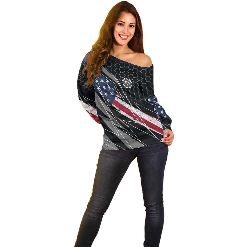 Custom American Flag Racing Off Shoulder Sweater Dirt Bike Motocross Racewear Hexagon and Lightning - Wonder Print Shop