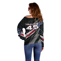 Custom American Flag Racing Off Shoulder Sweater Dirt Bike Motocross Racewear Hexagon and Lightning - Wonder Print Shop