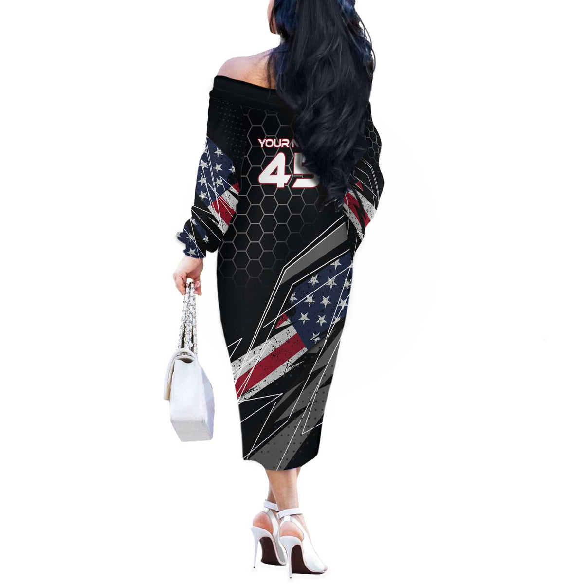 Custom American Flag Racing Off The Shoulder Long Sleeve Dress Dirt Bike Motocross Racewear Hexagon and Lightning - Wonder Print Shop