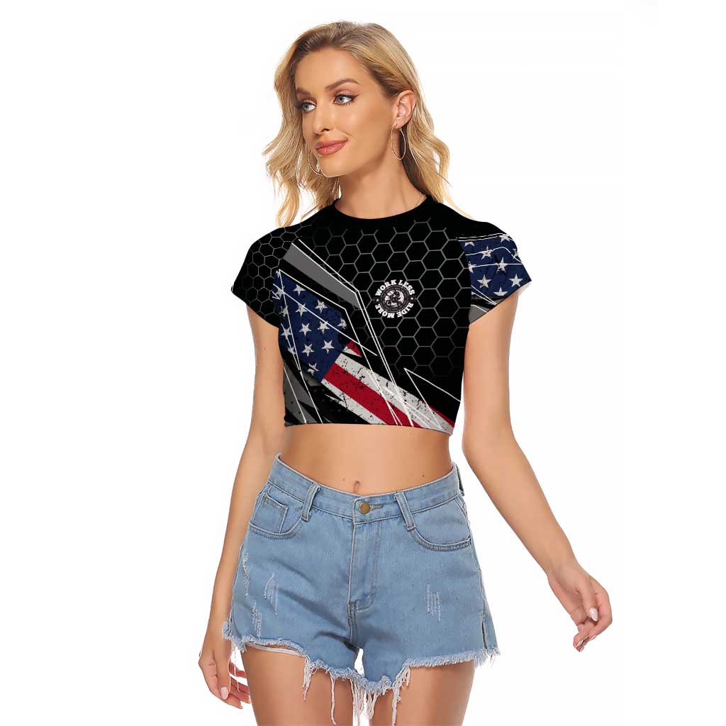 Custom American Flag Racing Raglan Cropped T Shirt Dirt Bike Motocross Racewear Hexagon and Lightning - Wonder Print Shop