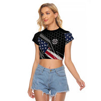 Custom American Flag Racing Raglan Cropped T Shirt Dirt Bike Motocross Racewear Hexagon and Lightning - Wonder Print Shop