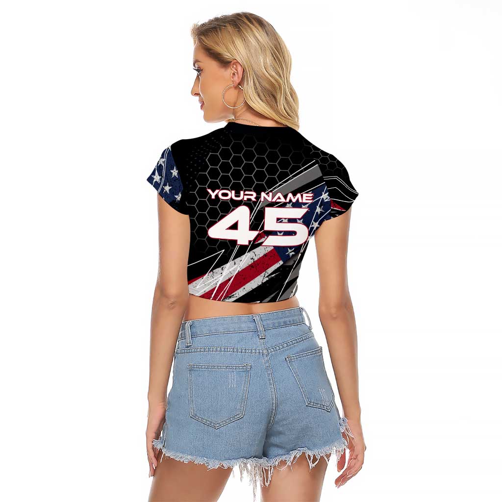 Custom American Flag Racing Raglan Cropped T Shirt Dirt Bike Motocross Racewear Hexagon and Lightning - Wonder Print Shop