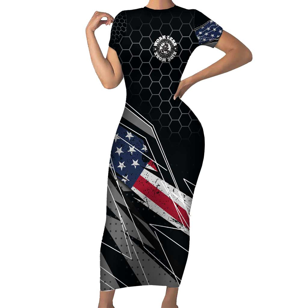 Custom American Flag Racing Short Sleeve Bodycon Dress Dirt Bike Motocross Racewear Hexagon and Lightning - Wonder Print Shop