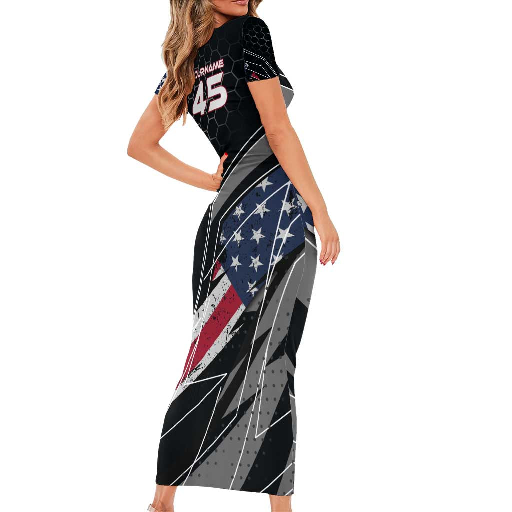 Custom American Flag Racing Short Sleeve Bodycon Dress Dirt Bike Motocross Racewear Hexagon and Lightning - Wonder Print Shop