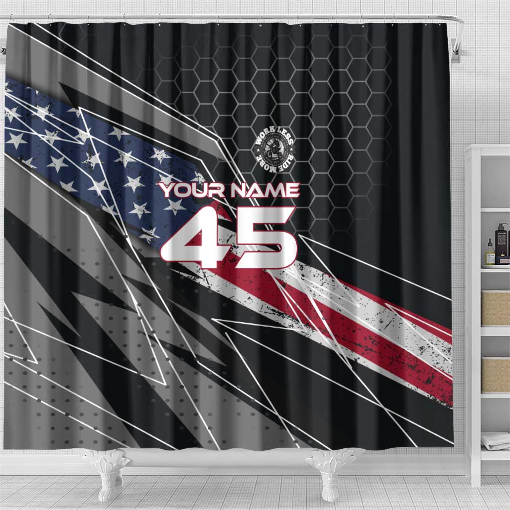 Custom American Flag Racing Shower Curtain Dirt Bike Motocross Racewear Hexagon and Lightning - Wonder Print Shop