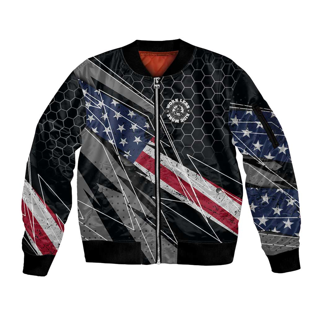 Custom American Flag Racing Sleeve Zip Bomber Jacket Dirt Bike Motocross Racewear Hexagon and Lightning - Wonder Print Shop