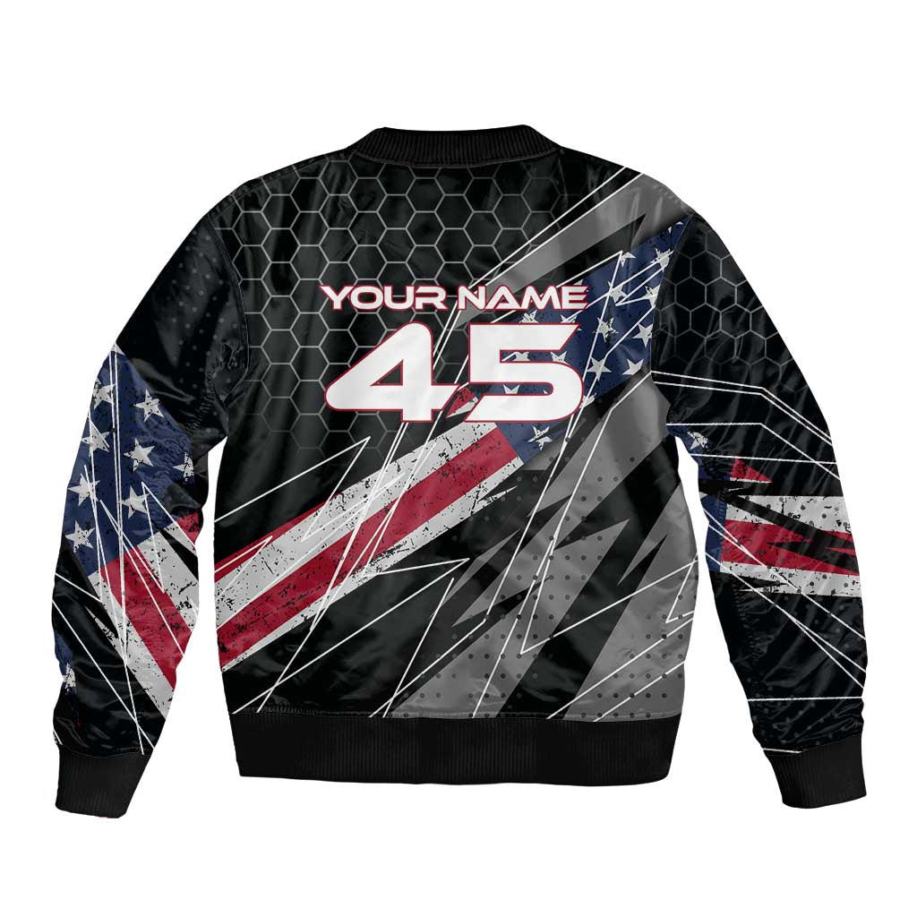 Custom American Flag Racing Sleeve Zip Bomber Jacket Dirt Bike Motocross Racewear Hexagon and Lightning - Wonder Print Shop