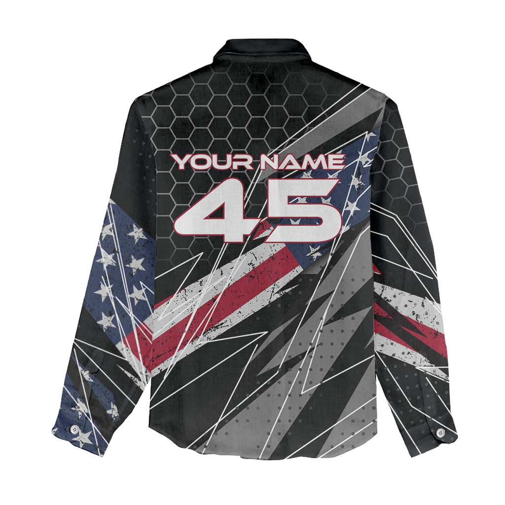Custom American Flag Racing Women Casual Shirt Dirt Bike Motocross Racewear Hexagon and Lightning - Wonder Print Shop