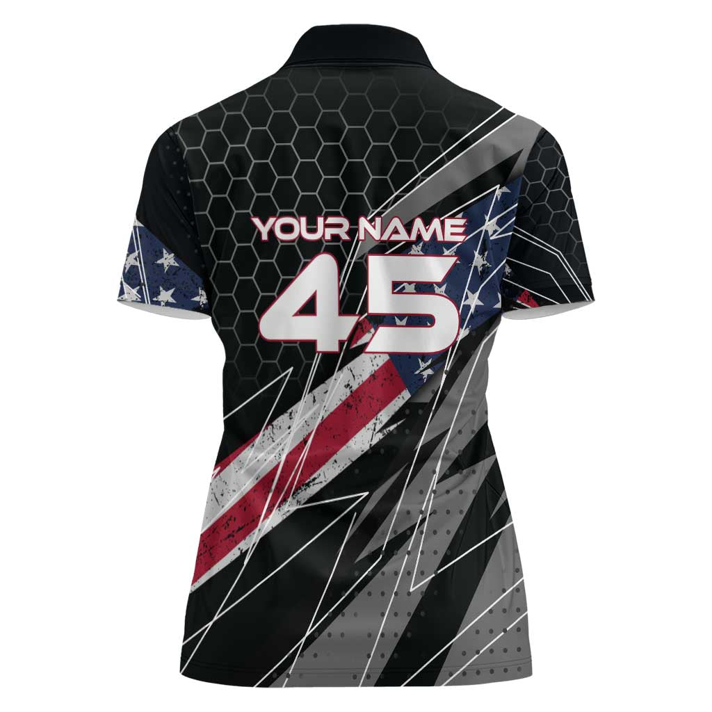 Custom American Flag Racing Women Polo Shirt Dirt Bike Motocross Racewear Hexagon and Lightning - Wonder Print Shop