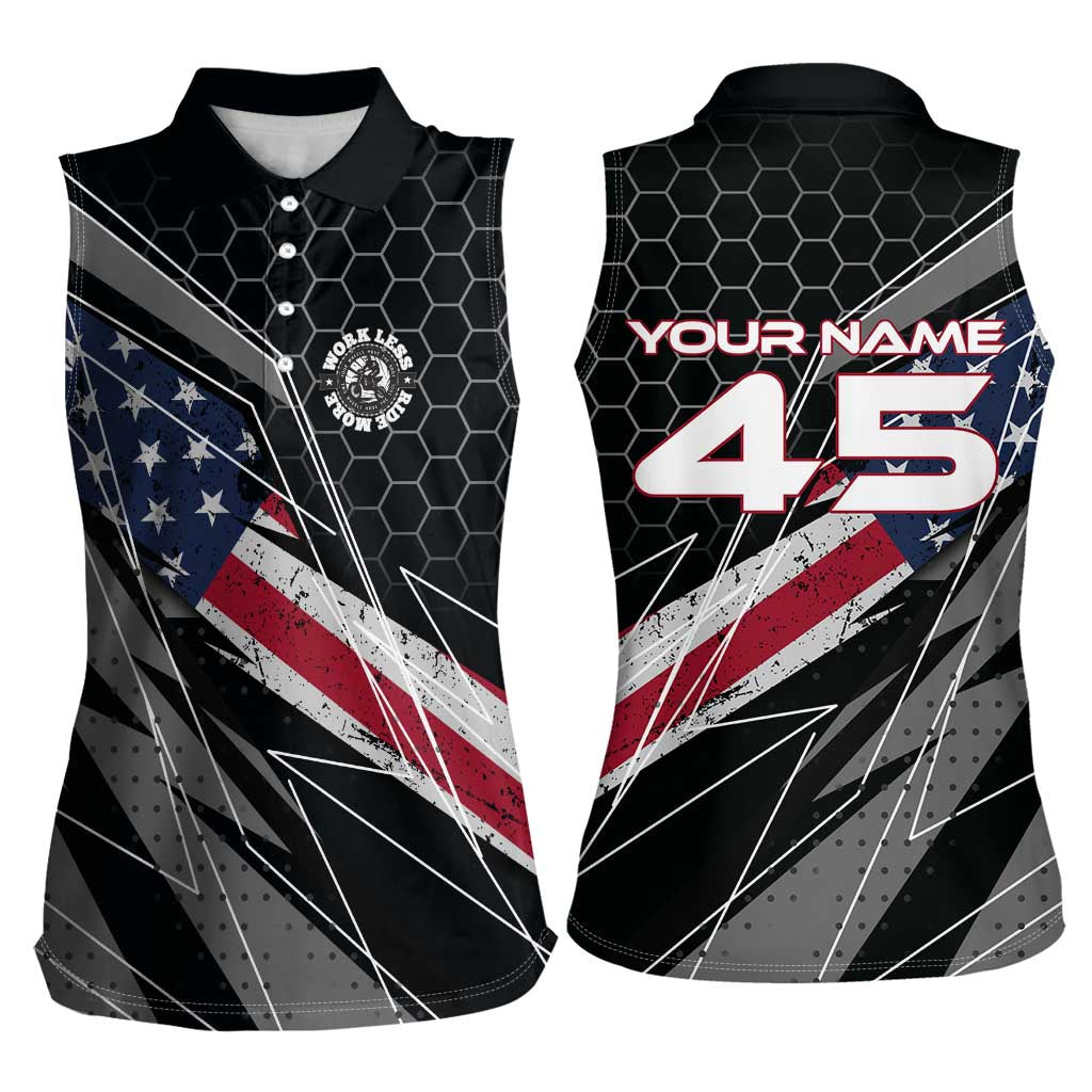 Custom American Flag Racing Women Sleeveless Polo Shirt Dirt Bike Motocross Racewear Hexagon and Lightning - Wonder Print Shop