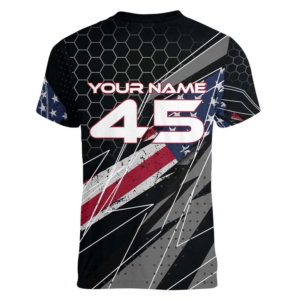 Custom American Flag Racing Women V-Neck T-Shirt Dirt Bike Motocross Racewear Hexagon and Lightning - Wonder Print Shop