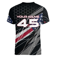 Custom American Flag Racing Women V-Neck T-Shirt Dirt Bike Motocross Racewear Hexagon and Lightning - Wonder Print Shop