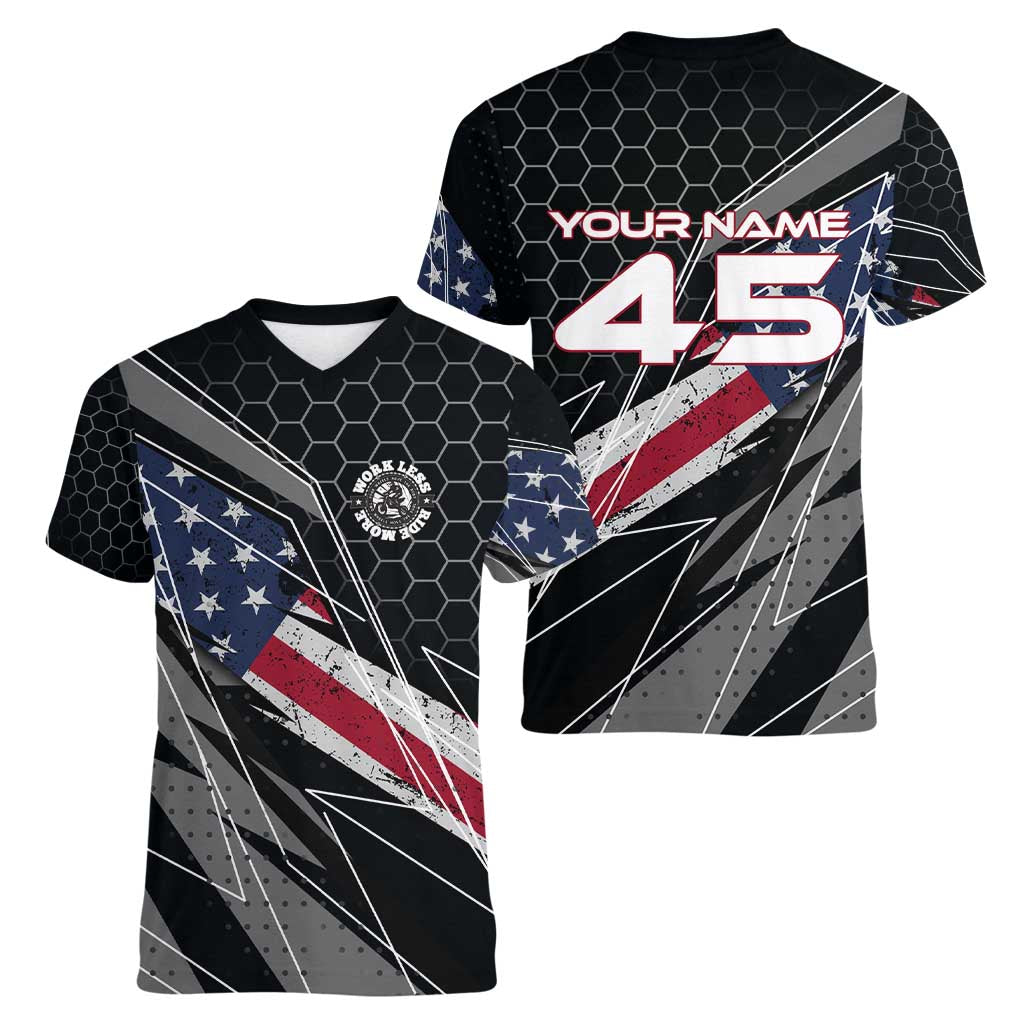 Custom American Flag Racing Women V-Neck T-Shirt Dirt Bike Motocross Racewear Hexagon and Lightning - Wonder Print Shop