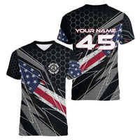 Custom American Flag Racing Women V-Neck T-Shirt Dirt Bike Motocross Racewear Hexagon and Lightning - Wonder Print Shop