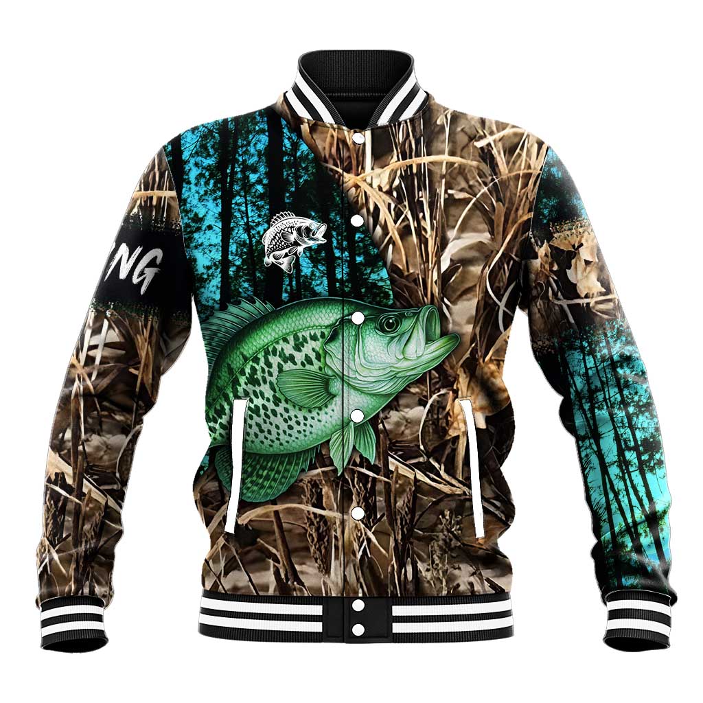 Crappie Fishing Customize Name Baseball Jacket Forest and Camo Background in Outdoor Fishing - Wonder Print Shop