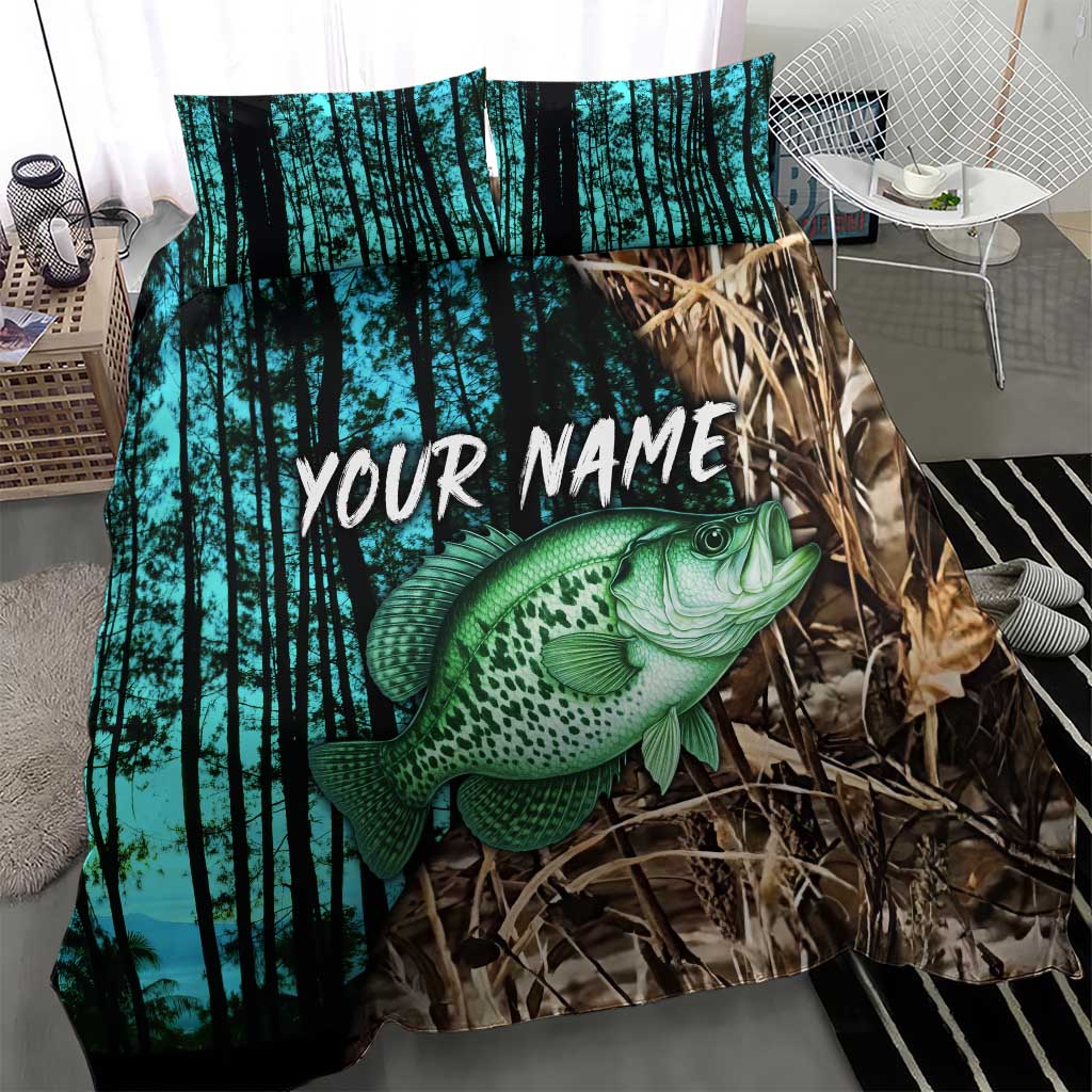 Crappie Fishing Customize Name Bedding Set Forest and Camo Background in Outdoor Fishing - Wonder Print Shop