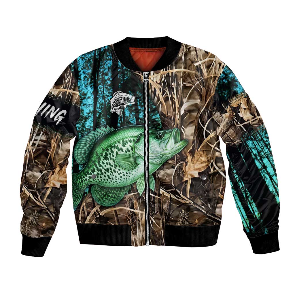 Crappie Fishing Customize Name Bomber Jacket Forest and Camo Background in Outdoor Fishing - Wonder Print Shop