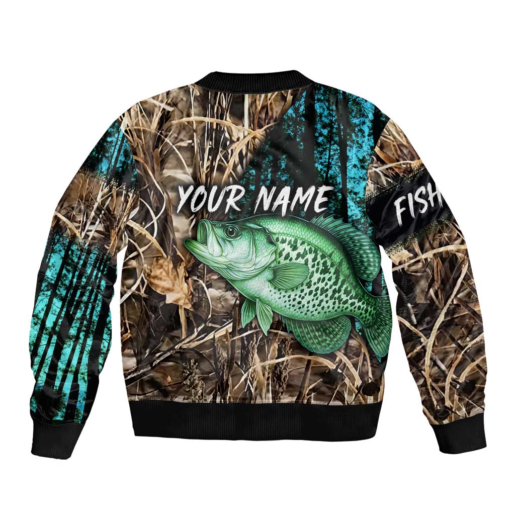 Crappie Fishing Customize Name Bomber Jacket Forest and Camo Background in Outdoor Fishing - Wonder Print Shop