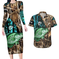 Crappie Fishing Customize Name Couples Matching Long Sleeve Bodycon Dress and Hawaiian Shirt Forest and Camo Background in Outdoor Fishing - Wonder Print Shop