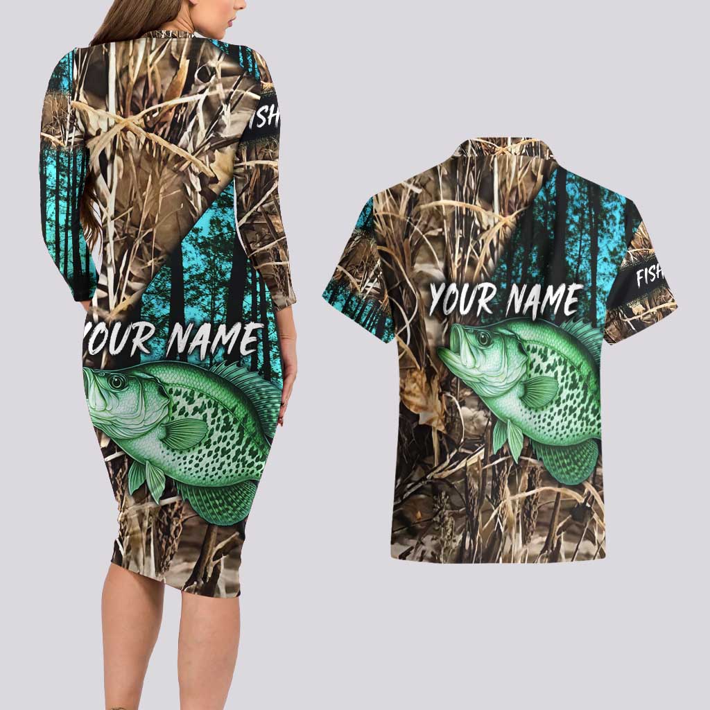 Crappie Fishing Customize Name Couples Matching Long Sleeve Bodycon Dress and Hawaiian Shirt Forest and Camo Background in Outdoor Fishing - Wonder Print Shop