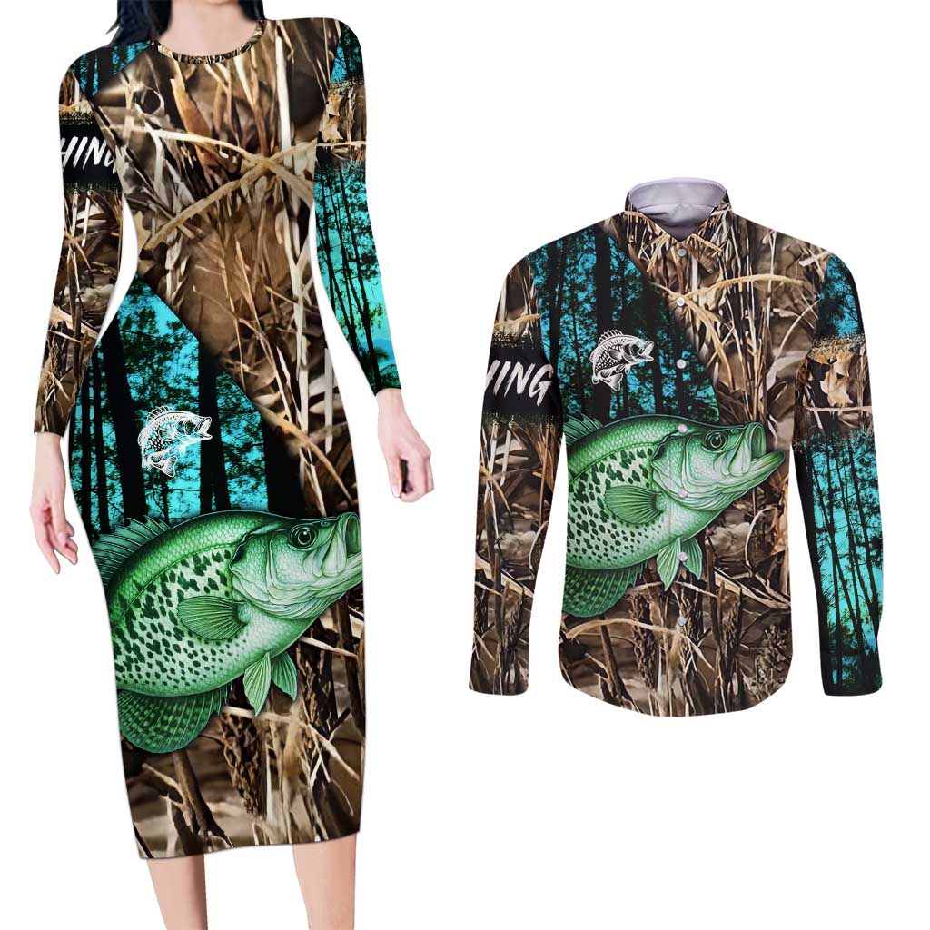 Crappie Fishing Customize Name Couples Matching Long Sleeve Bodycon Dress and Long Sleeve Button Shirt Forest and Camo Background in Outdoor Fishing - Wonder Print Shop