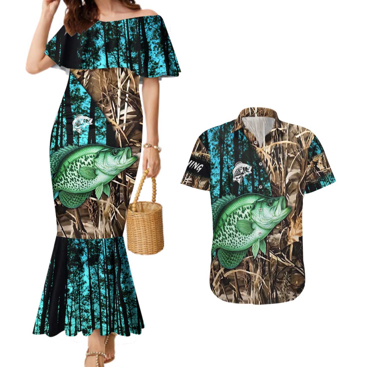 Crappie Fishing Customize Name Couples Matching Mermaid Dress and Hawaiian Shirt Forest and Camo Background in Outdoor Fishing - Wonder Print Shop