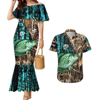 Crappie Fishing Customize Name Couples Matching Mermaid Dress and Hawaiian Shirt Forest and Camo Background in Outdoor Fishing - Wonder Print Shop