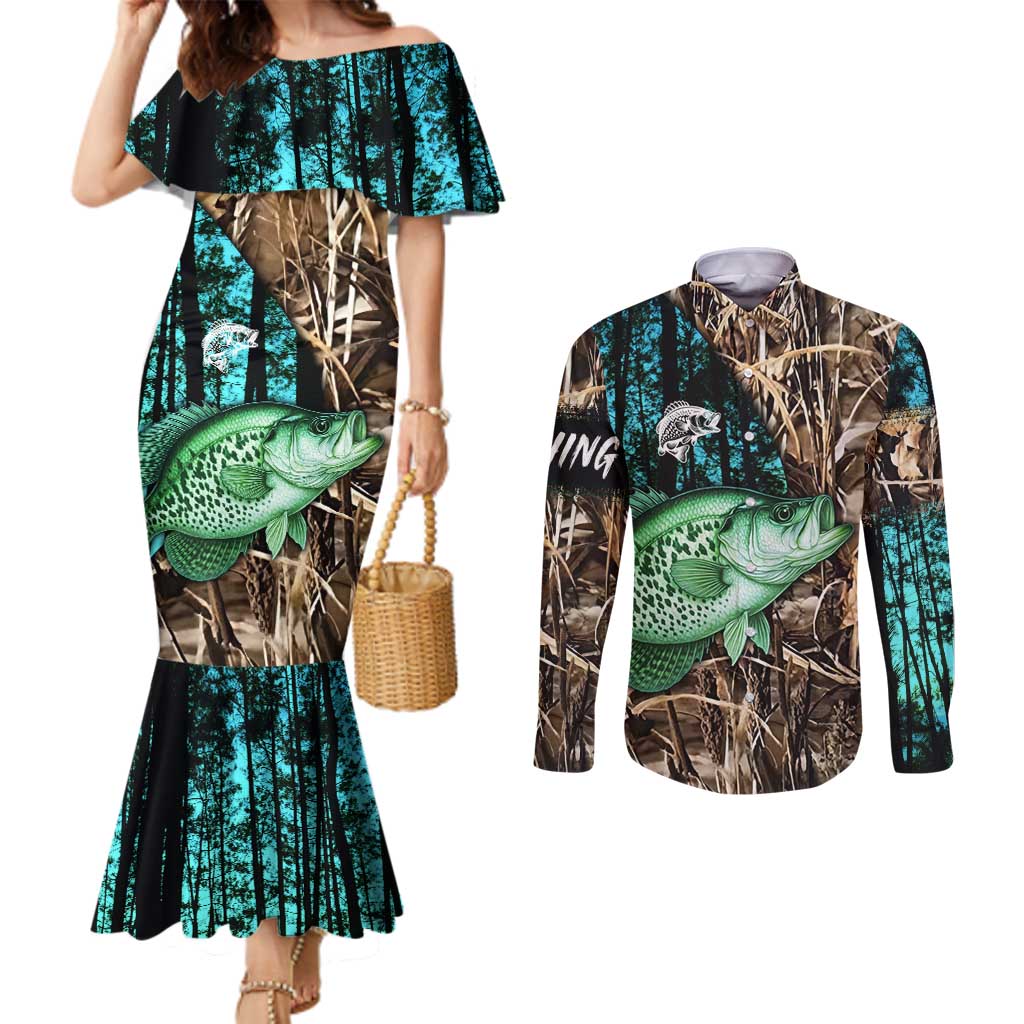 Crappie Fishing Customize Name Couples Matching Mermaid Dress and Long Sleeve Button Shirt Forest and Camo Background in Outdoor Fishing - Wonder Print Shop