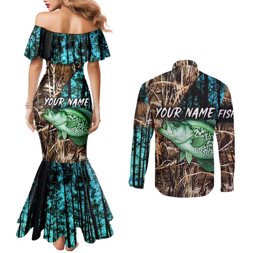 Crappie Fishing Customize Name Couples Matching Mermaid Dress and Long Sleeve Button Shirt Forest and Camo Background in Outdoor Fishing - Wonder Print Shop