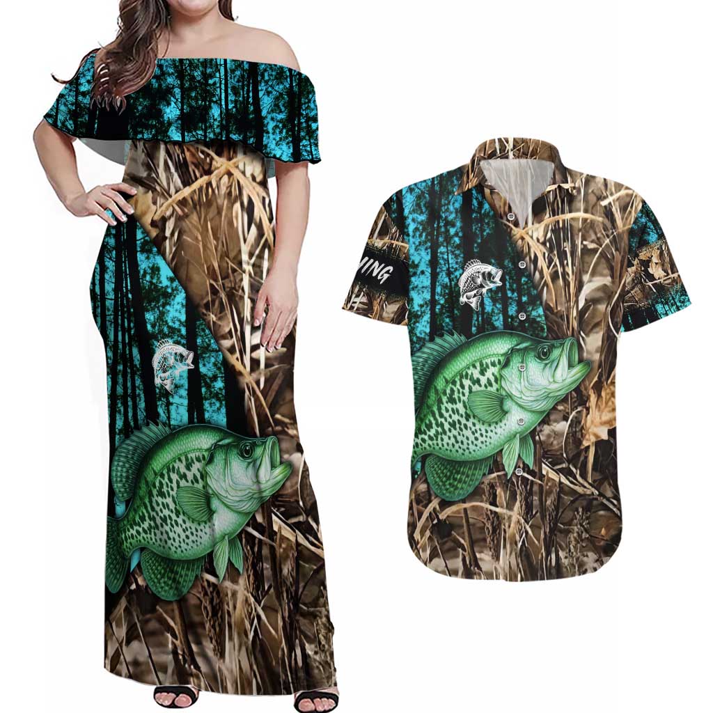 Crappie Fishing Customize Name Couples Matching Off Shoulder Maxi Dress and Hawaiian Shirt Forest and Camo Background in Outdoor Fishing - Wonder Print Shop
