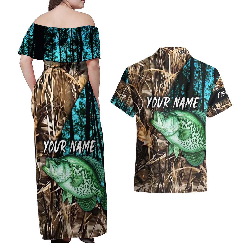 Crappie Fishing Customize Name Couples Matching Off Shoulder Maxi Dress and Hawaiian Shirt Forest and Camo Background in Outdoor Fishing - Wonder Print Shop