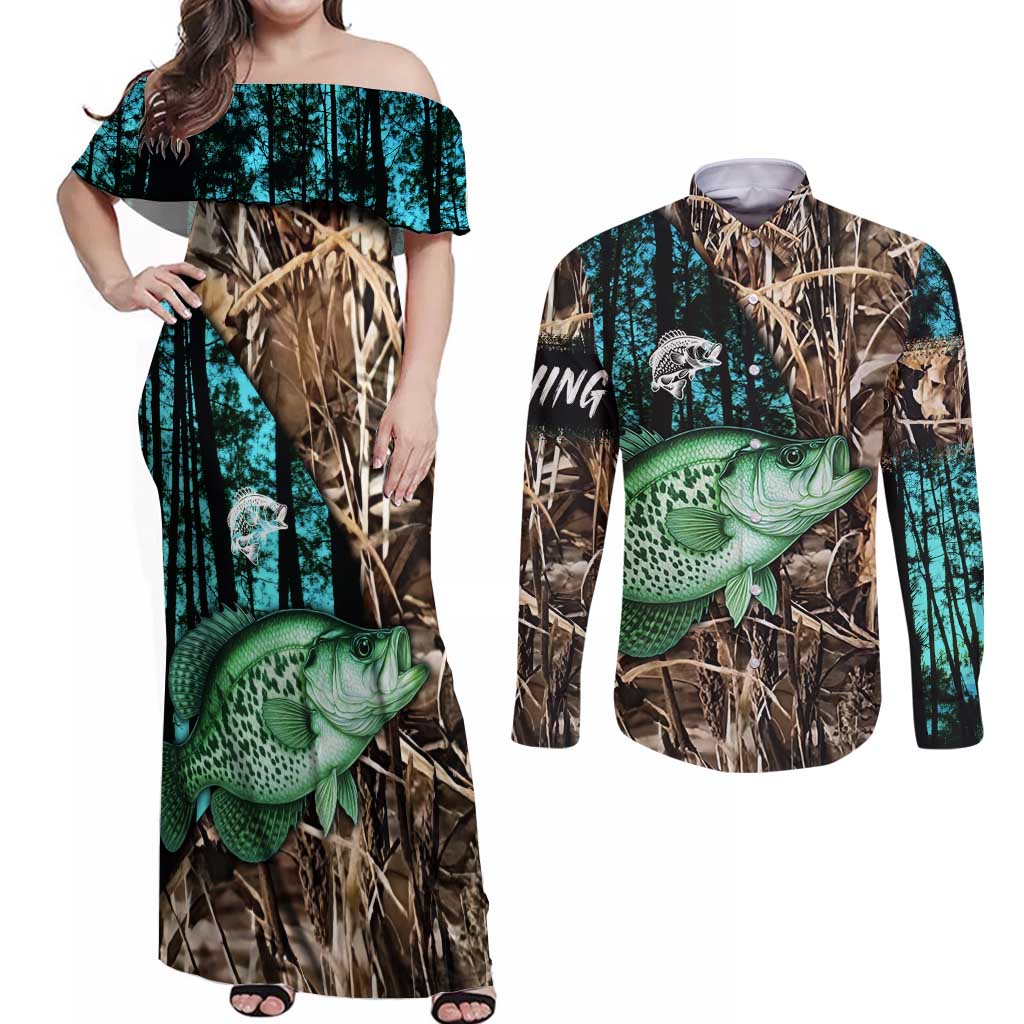 Crappie Fishing Customize Name Couples Matching Off Shoulder Maxi Dress and Long Sleeve Button Shirt Forest and Camo Background in Outdoor Fishing - Wonder Print Shop