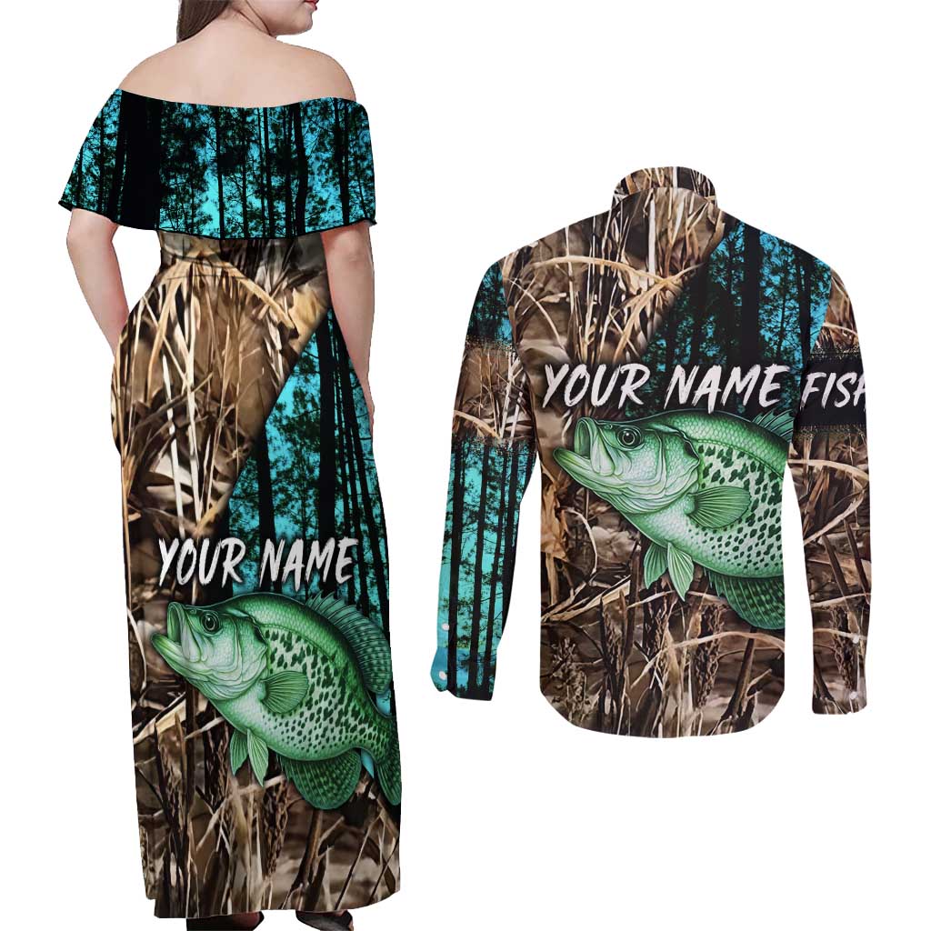 Crappie Fishing Customize Name Couples Matching Off Shoulder Maxi Dress and Long Sleeve Button Shirt Forest and Camo Background in Outdoor Fishing - Wonder Print Shop
