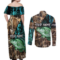 Crappie Fishing Customize Name Couples Matching Off Shoulder Maxi Dress and Long Sleeve Button Shirt Forest and Camo Background in Outdoor Fishing - Wonder Print Shop